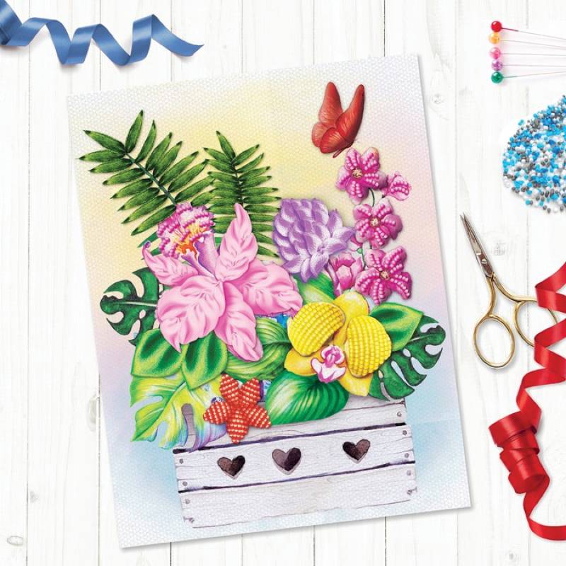 Вышивка объёмная бисером и лентами 'Тропическая композиция', 24x32 см