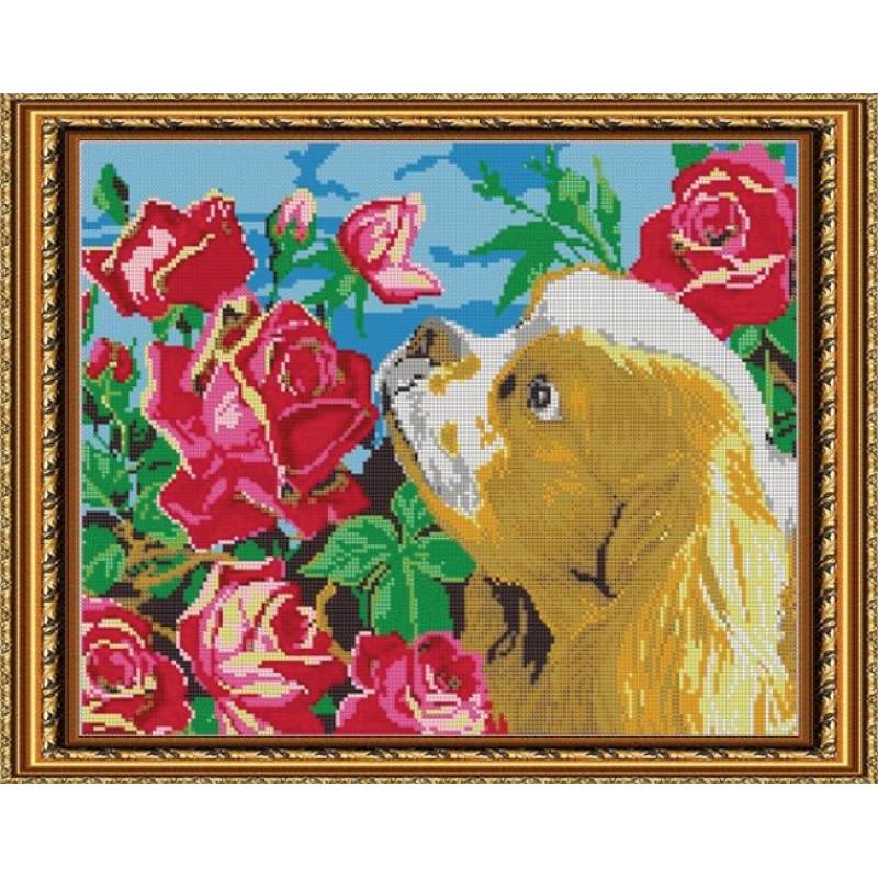 'Щенок в алых розах' 38x30см набор на атласе для вышивания чешским бисером 'Вышивочка'