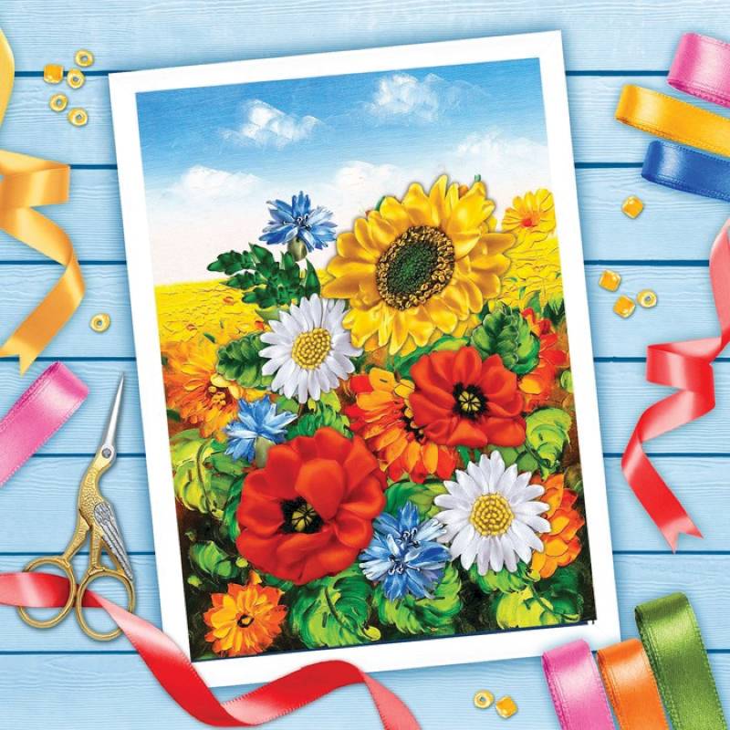 Вышивка лентами 'Поле в цвету', 25x35 см